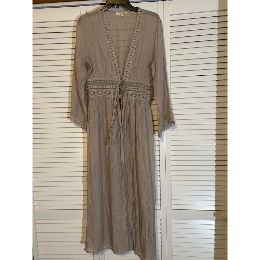 Rebellion Again Kimono Maxi Dress Beige Lace Trim Tie Waist Long Sleeve size 2